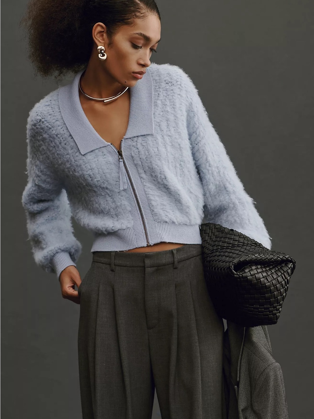 Blue Wool Blend by Anthropologie Zip-Up Brushed Sweater Cardigan